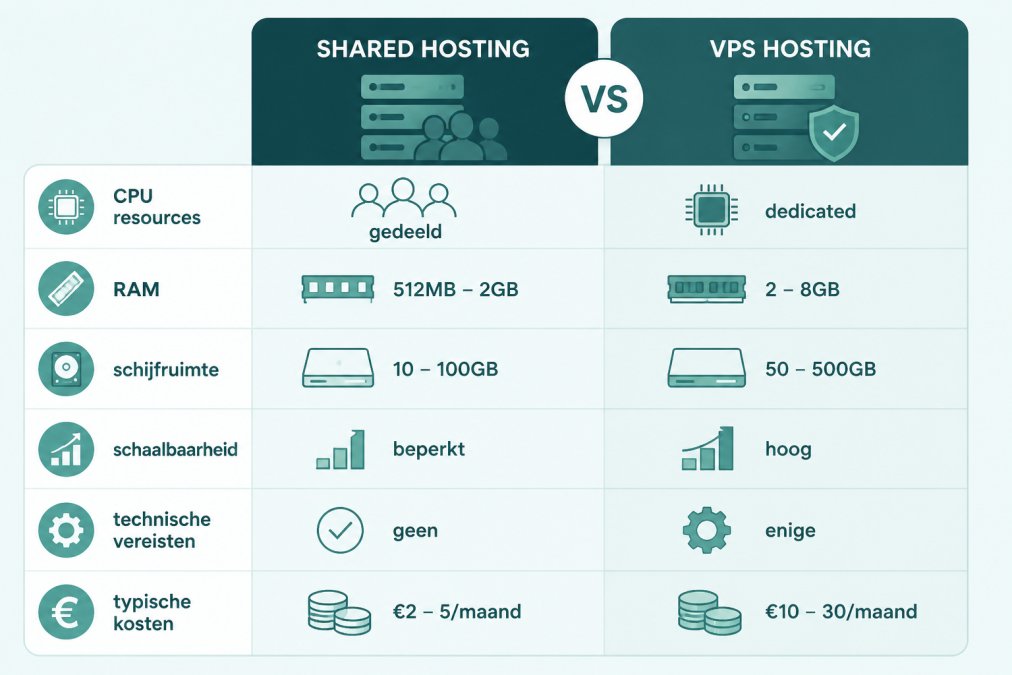 Beste goedkope webhosting: wat je echt moet weten Comparison matrix van shared hosting vs VPS: CPU resources (gedeeld vs dedicated), RAM (512MB-2GB vs 2-8GB), schijfruimte (10-100GB vs 50-500GB), schaalbaarheid (beperkt vs hoog), technische vereisten (geen vs enige), typische kosten (€2-5/maand vs €10-30/maand)