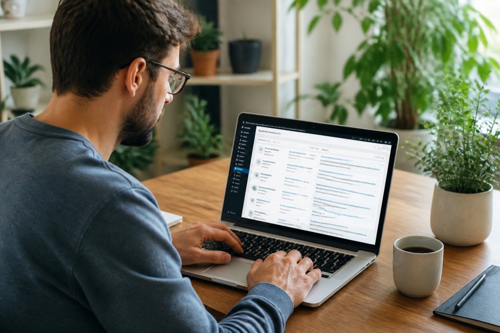 Website-eigenaar bekijkt plugins voor gratis WordPress optimalisatie op een laptop in een licht thuiskantoor.