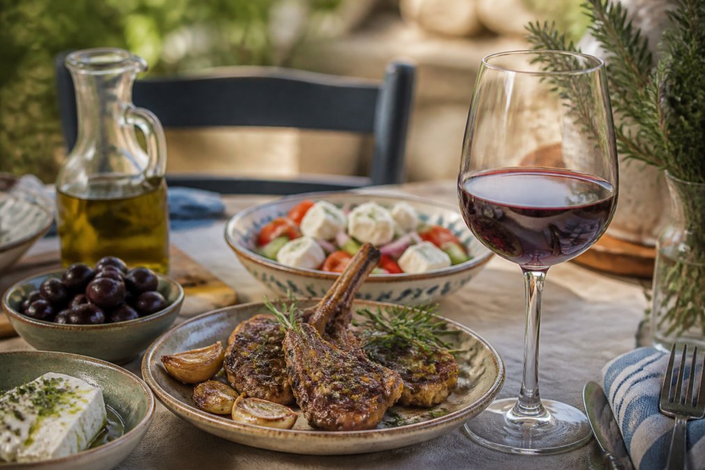 Ein Glas Rotwein zu gegrilltem Lamm, Feta und Oliven als passende Begleitung für die beste griechische Rotweine für Anfänger.