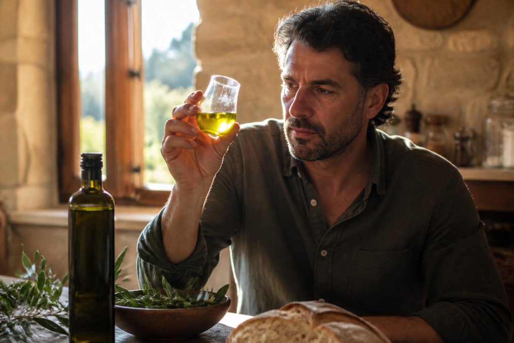 Een glas helder groene olijfolie tegen het licht gehouden, met donker glas fles op de achtergrond en zonneschijn die door de olie schijnt