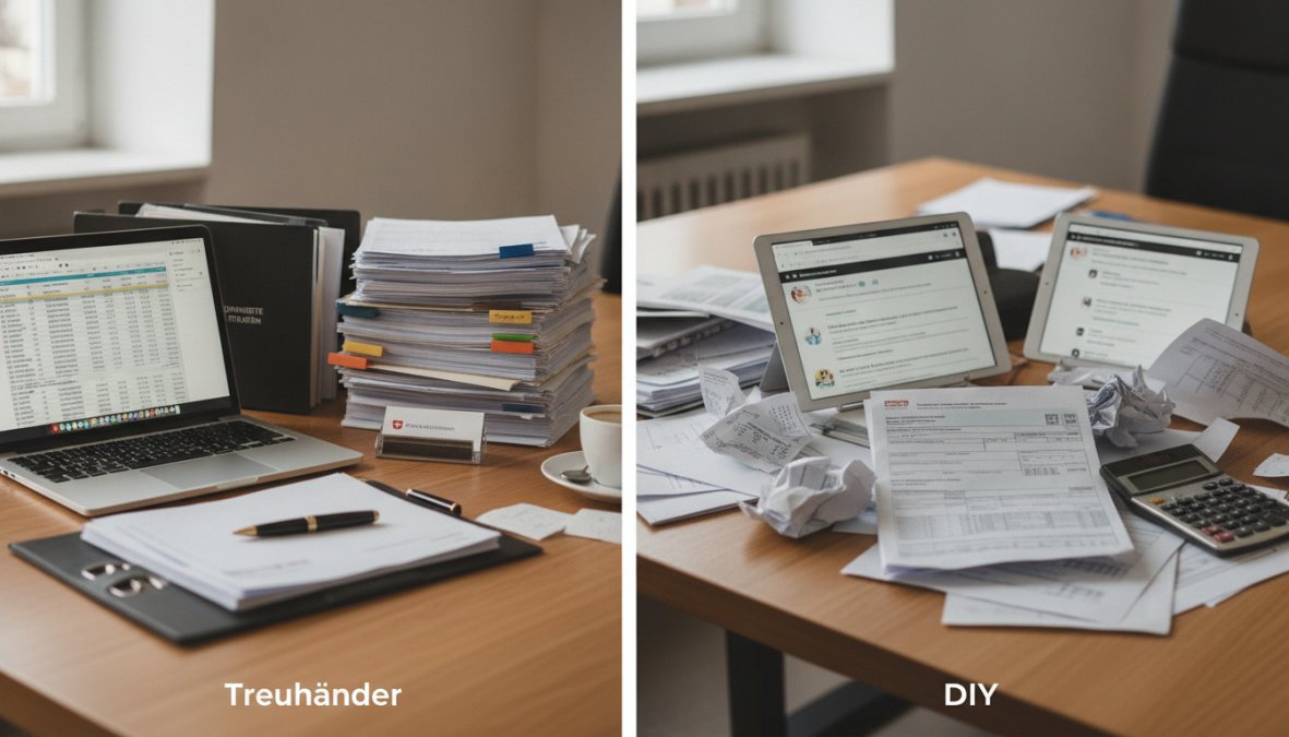 Professional advisor reviewing financial documents and tax forms at organized workspace with calculator and digital device