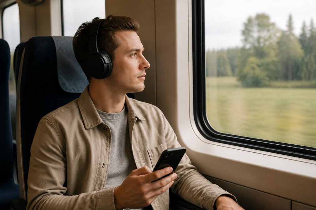 En person som sitter på et tog og lytter til musikk med trådløse over-ear hodetelefoner, smarttelefonen synlig i hånden, vindusruten med forbipasserende landskap i bakgrunnen