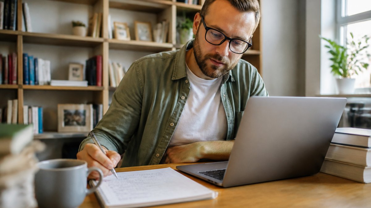 Iemand die op een laptop werkt in een huiswerkruimte met aantekeningen over hosting-opties en een kopje koffie op het bureau