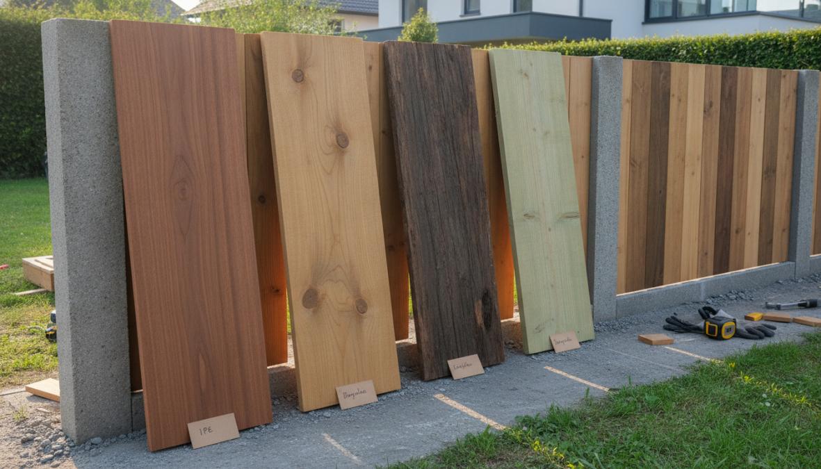 Vier verschillende houtsoorten naast elkaar geplaatst in zonlicht, waarbij de natuurlijke kleuren en texturen van douglas, grenen, thermowood en hardhout duidelijk zichtbaar zijn