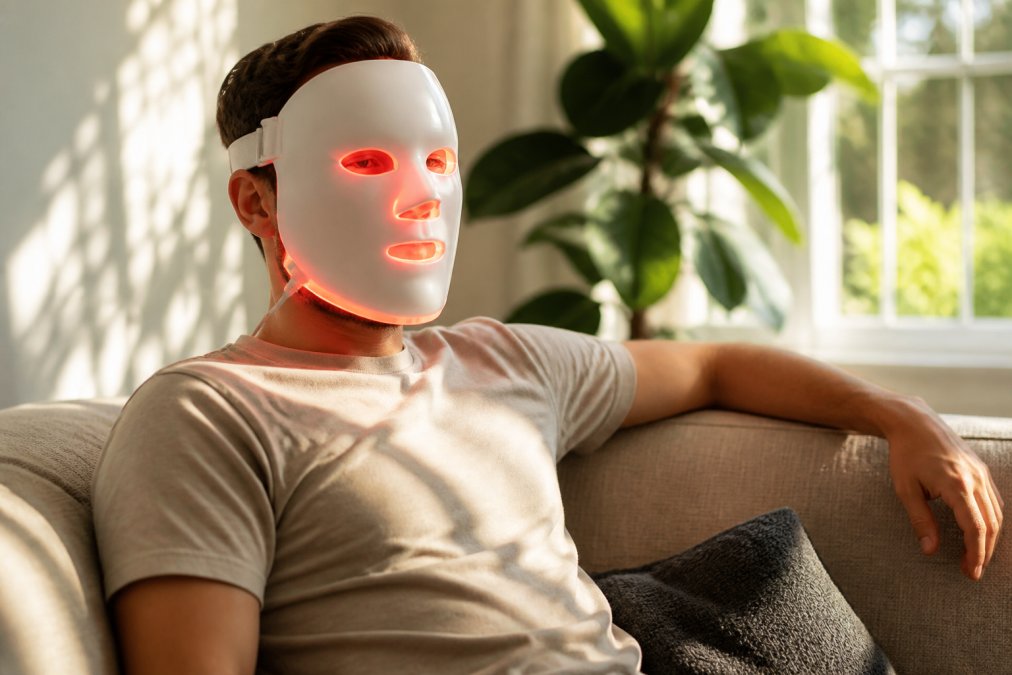 Man thuis die de LED lichttherapie gezichtsmask gebruikt terwijl hij ontspannen zit met natuurlijke verlichting in de achtergrond
