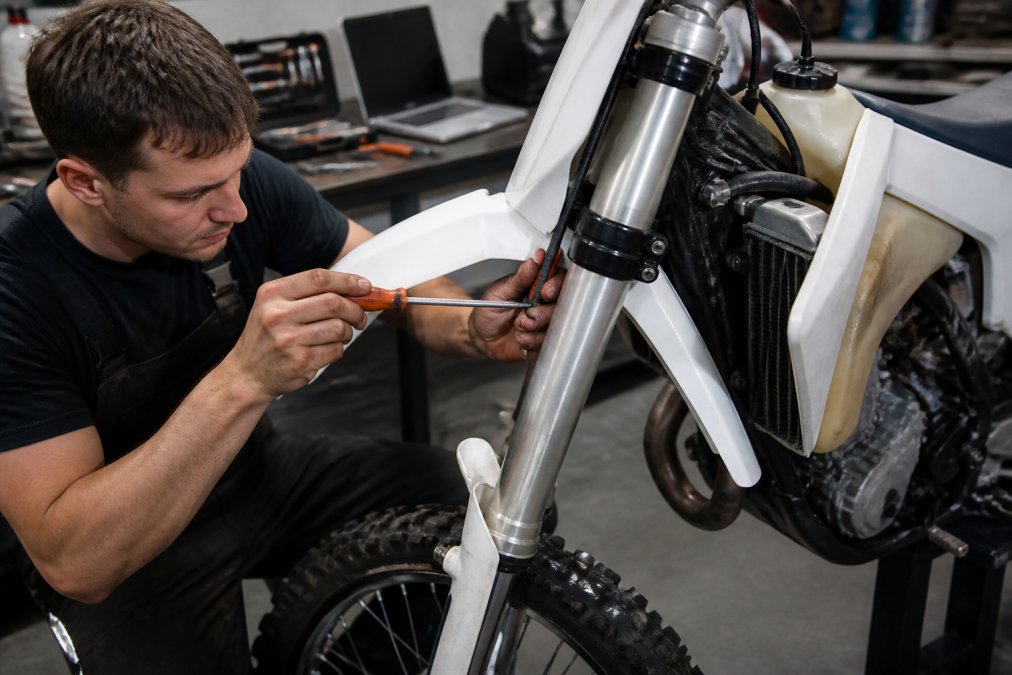 Close-up van een monteur die de vering van een enduromotor afstelt in een werkplaats, met gereedschap en een laptop met meetgegevens op de achtergrond