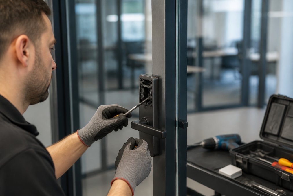 Close-up van een modern digitaal slot dat door een professionele slotenmaker met handschoenen op een glazen kantoordeur wordt geïnstalleerd, met een tablet met beveiligingsapp op de achtergrond