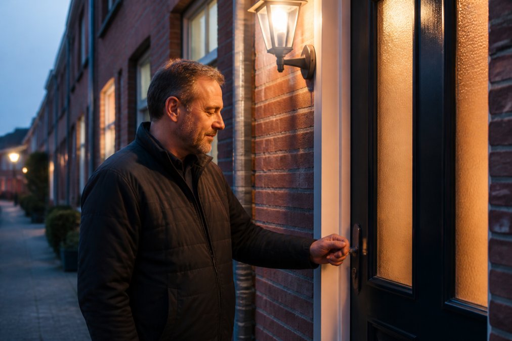 Een huiseigenaar die 's avonds een voordeur in een Antwerpse rijwoning controleert, met de hand op het deurslot en een geruststellende blik, warm buitenlicht