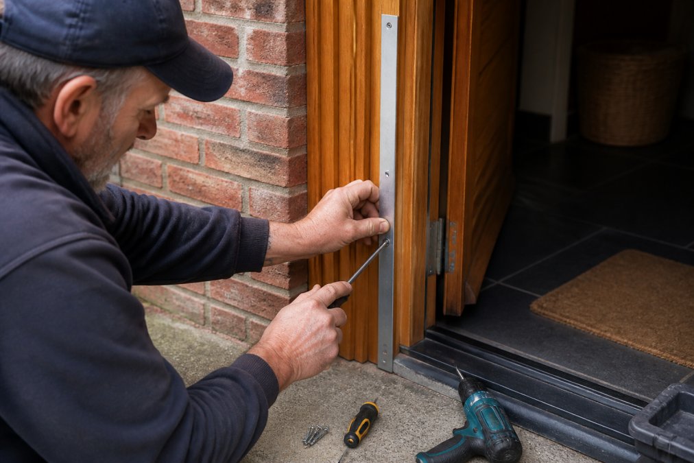 Close-up van een vakman die een metalen inbraakwerende strip op een houten deurkozijn monteert met een schroevendraaier, gereedschap en schroeven zichtbaar op de grond
