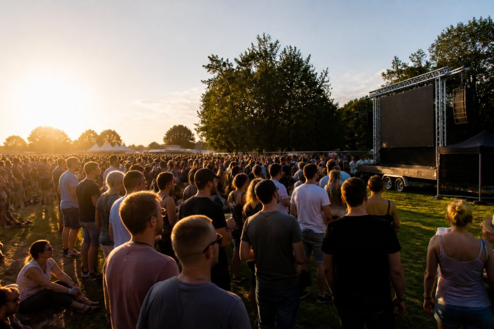 Een groot publiek op een festivalterrein in de late namiddag kijkt naar een groot LED-scherm op een aanhangwagen, met bezoekers die zowel recht voor het scherm als onder een hoek staan, warm zonlicht en een levendige sfeer