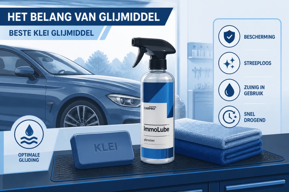 Fles CarPro ImmoLube glijmiddel naast klei bar en microvezel handdoeken op een werkstation, voertuig zichtbaar op achtergrond in daglicht