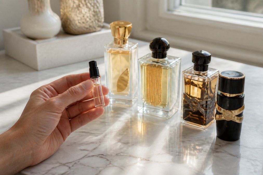 Hand hält eine Lattafa Parfums Probe vor eleganten Flakons auf einem hellen Marmortisch im weichen Tageslicht