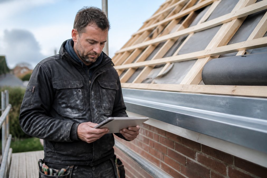 Aannemer in werkkleding bekijkt een tablet met offertegegevens op een bouwlocatie, op de achtergrond een dakconstructie in renovatie, natuurlijk daglicht