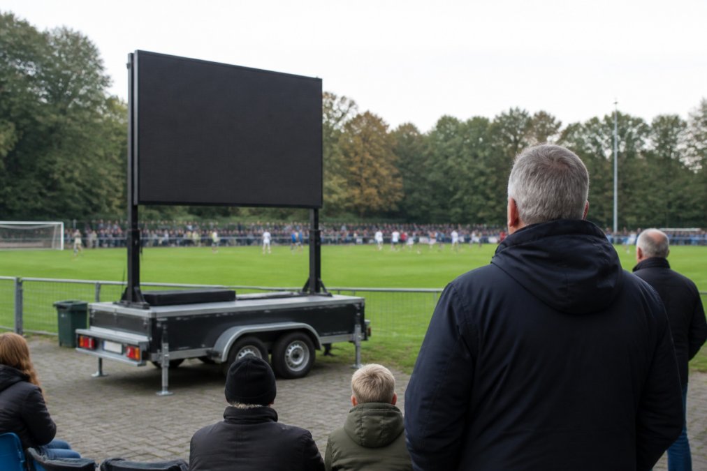 Sportwedstrijd met mobiel LED-scherm op aanhangwagen dat live scores en sponsoruitingen toont, stadion omgeving met publiek en daglicht