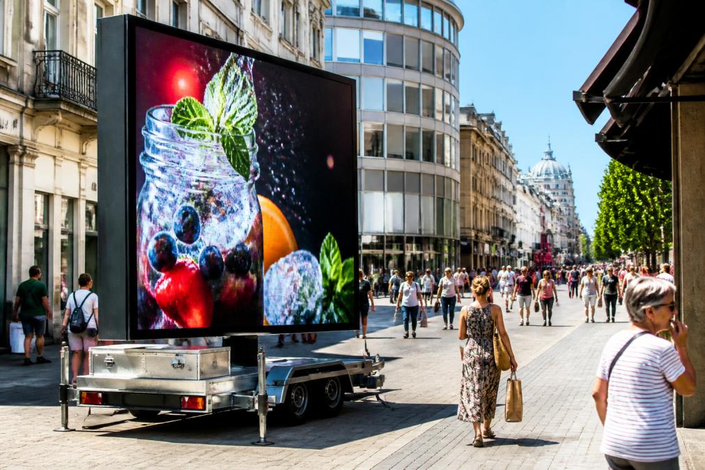 Een groot, helder LED-scherm gemonteerd op een aanhangwagen langs een drukke Belgische winkelstraat, met scherpe kleurrijke reclamebeelden die goed zichtbaar zijn in fel zonlicht, omringd door passerende voetgangers