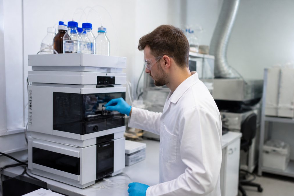 Laboratoriumtechnicus voert HPLC-analyse uit op geavanceerde meetapparatuur in modern onderzoekslaboratorium, geconcentreerd op het scherm met chromatografische resultaten en piekanalyse