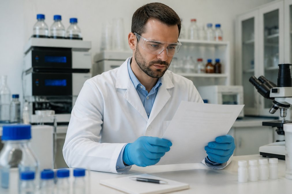 Onderzoeker bestudeert gedetailleerd een Certificaat van Analyse aan een bureau met laboratoriumapparatuur op de achtergrond, gericht op het lezen van zuiverheidsspecificaties
