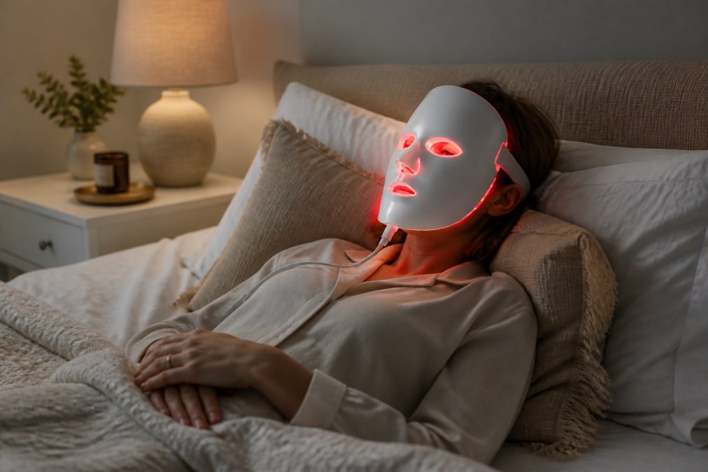 Iemand ontspant in een slaapkamer met het beste lichttherapie masker voor thuis 2026 op het gezicht