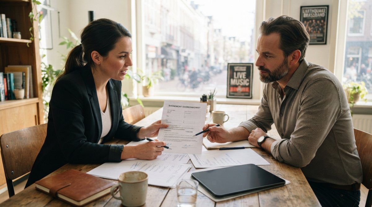 Evenementorganisator in gesprek met professionele muzikant aan een tafel met contracten en aantekeningen, natuurlijk licht, beiden concentrerend op details