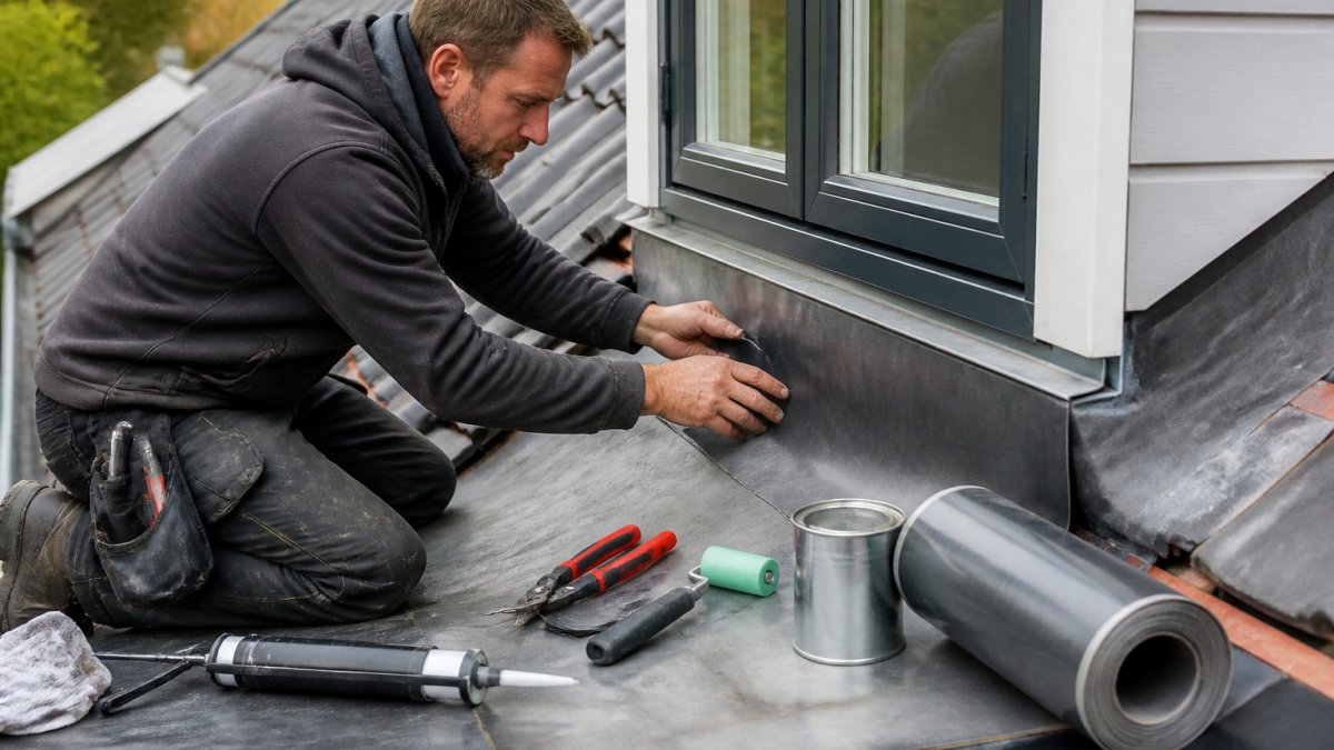 Professionele dakdekker die loodvervanger voorzichtig rond dakkapelrand installeert, met gereedschap, afdichtingsmateriaal en voegkit zichtbaar op werkoppervlak