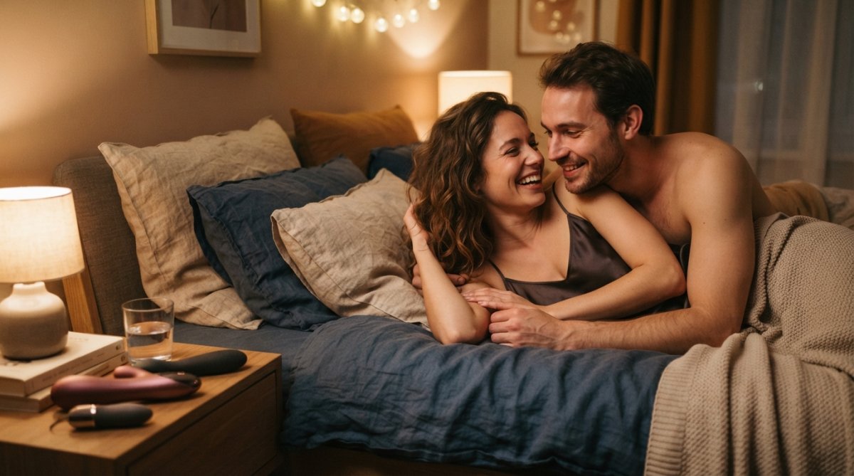 Een intiem moment van een jong koppel dat samen genieten in een warm verlichte slaapkamer met zachte lakens, hun gezichten dicht bij elkaar in vertrouwen en verbondenheid