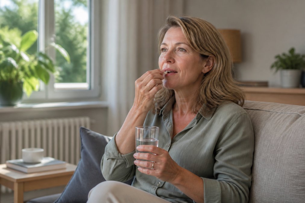 Vrouw neemt magnesium supplementen tegen stress in een rustige woonkamer met daglicht