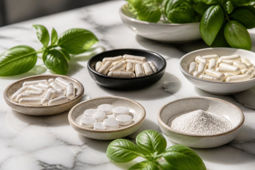 Diverse magnesium supplementen en capsules voor stress op een marmeren ondergrond met groene basilicum en zonlicht.
