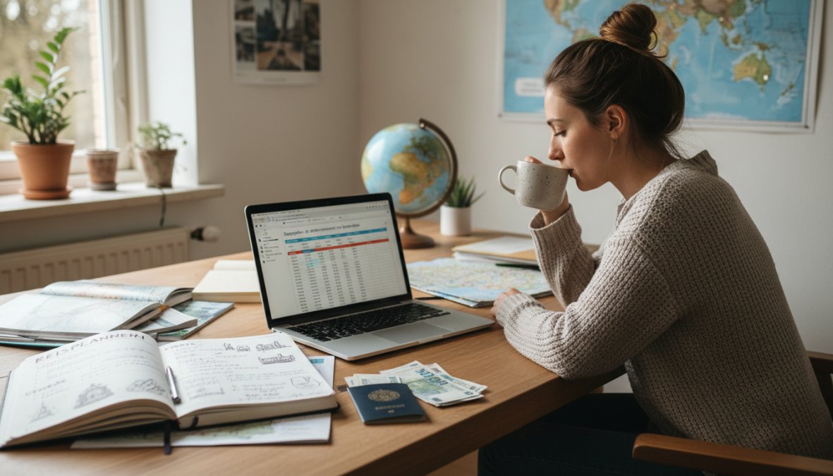 Person sitting at a wooden desk with a laptop open to a travel website, surrounded by open travel guidebooks, a notebook filled with handwritten destination notes and a warm cup of coffee, photographed in a cozy home setting with soft morning light