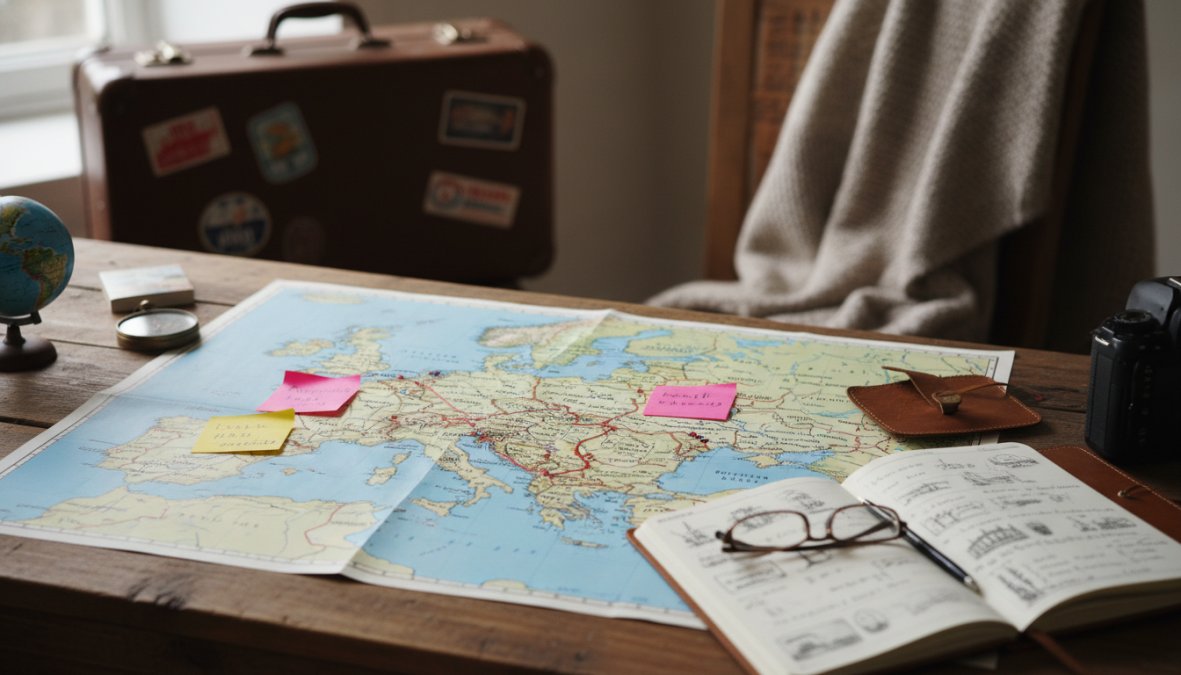 Close-up of a person's hands holding a smartphone displaying a colorful travel planning app with a map showing a route through multiple cities, with a packed travel suitcase visible in the soft background