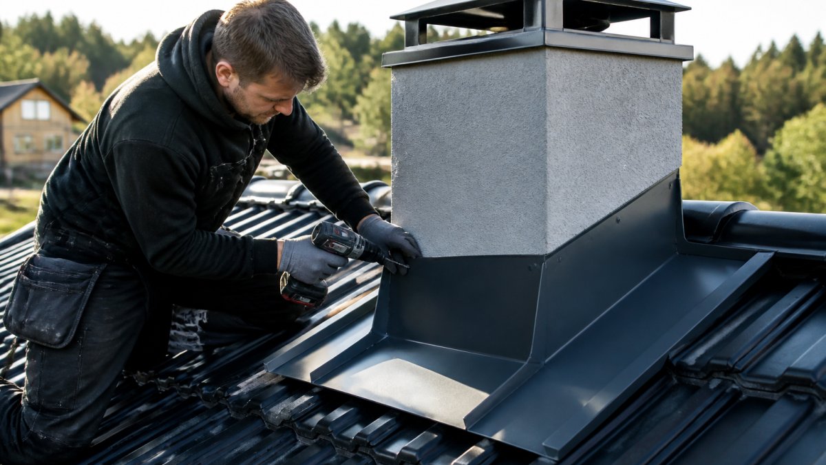 Håndverker som monterer et metallbeslag rundt en pipe på et boligtak, med drill og beslag tydelig synlig i dagslys