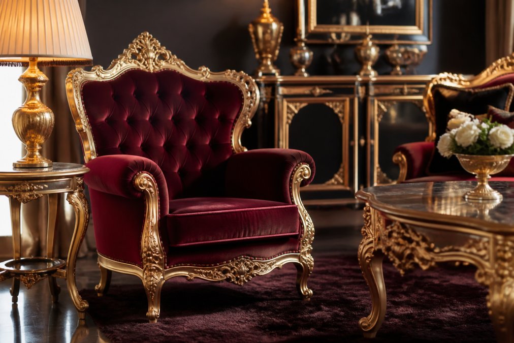 Eleganter barocker Sessel mit tiefem Samtstoff in Burgunderrot, fotografiert in einem luxuriösen Wohnzimmer mit klassischen Designelementen und indirekter Beleuchtung