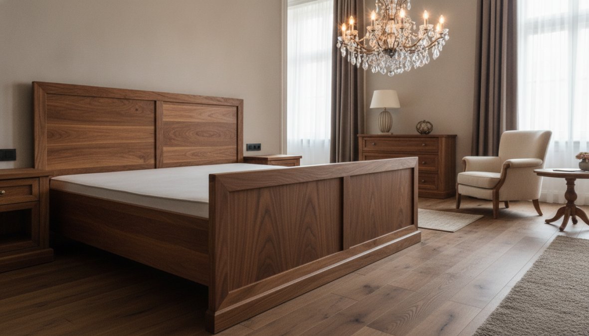 Elegantes Hotelzimmer mit massivholzmöbeln in warmen Nussbaumtönen, detaillierte Verarbeitung sichtbar, luxuriöse Atmosphäre mit Kronleuchter und edlen Textilien