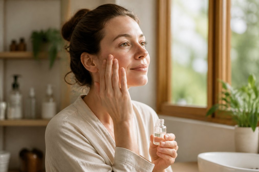 Frau mit sensibler Haut trägt sanft Naturkosmetik-Serum auf ihr Gesicht auf, mit sauberer Haut und natürlichem Licht