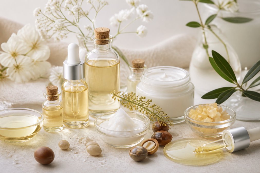 Nahaufnahme von Naturkosmetik-Produkten mit pflanzlichen Ölen, Ceramiden und beruhigenden Inhaltsstoffen auf hellem Hintergrund