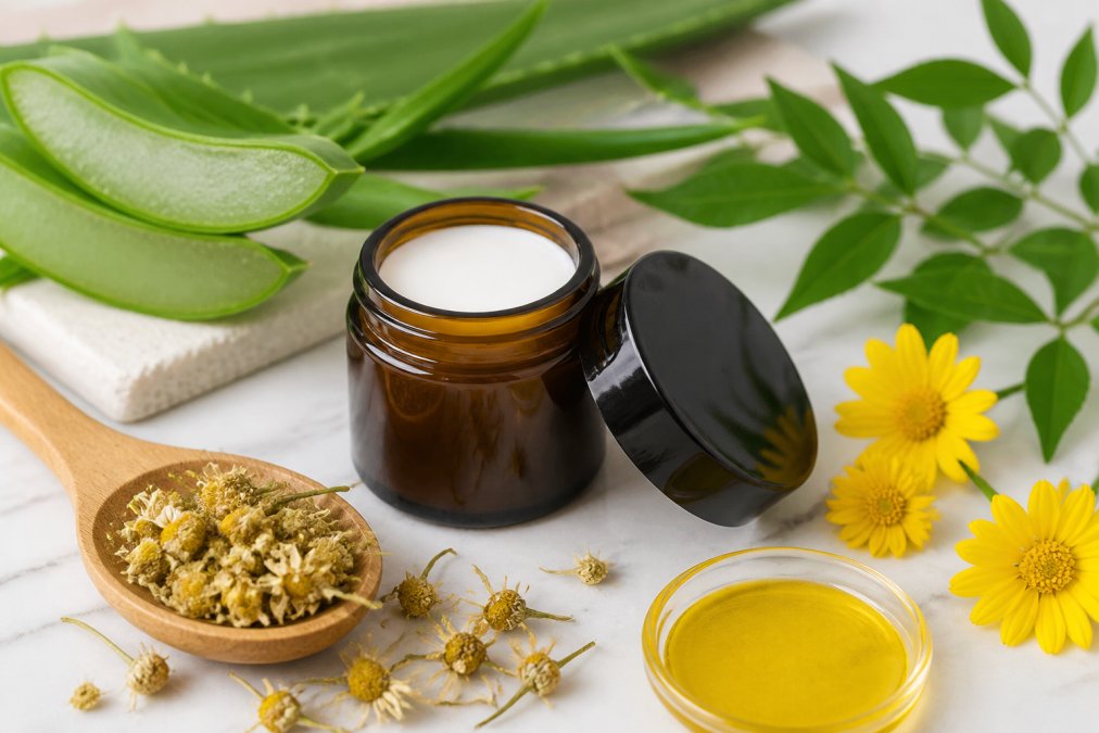 Nahaufnahme von natürlichen Kosmetik-Inhaltsstoffen wie frischer Aloe-Vera-Blatt, getrockneter Kamille und goldgelbem Arnikaöl auf weißem Marmortisch mit grünen Blättern und Holzlöffel
