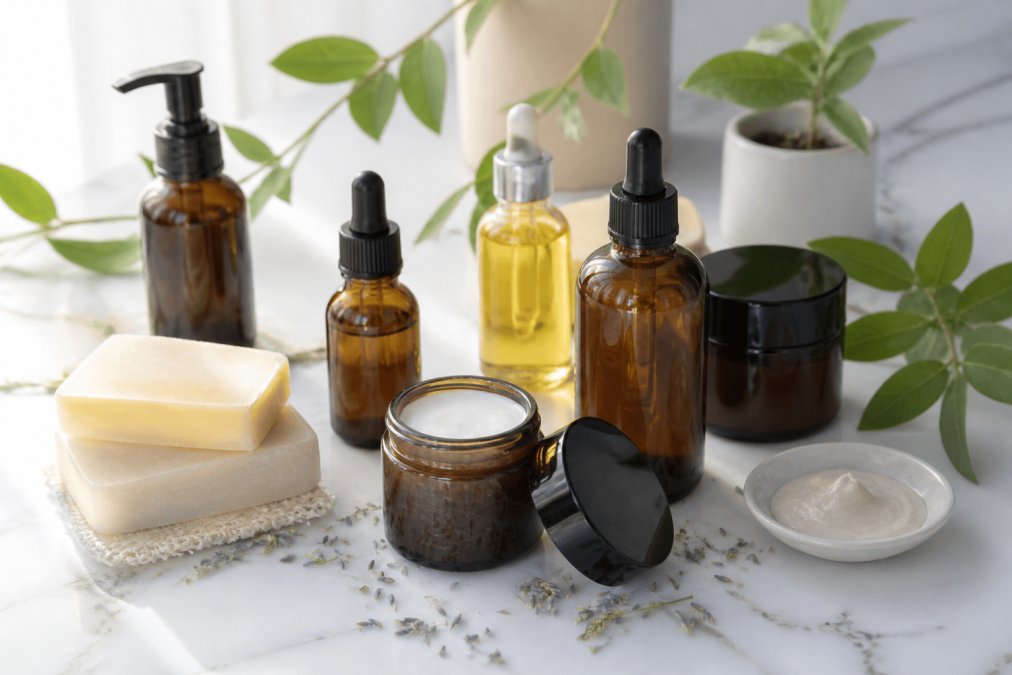 Flatlay-Arrangement von hochwertigen Naturkosmetik-Produkten in Glasflaschen und minimalistischen Behältern, angeordnet auf hellem Marmortisch mit grünen Blättern und natürlichem Tageslicht von links