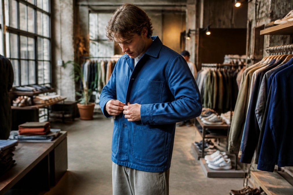 Stijlvolle man past een blauwe work jacket in een industriële winkel die uitblinkt bij de beste Nederlandse webshops voor