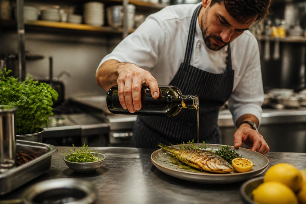 Chef die voorzichtig gouden olijfolie over een bord met gegrilde vis, verse citroen en groene kruiden drizzelt op een professioneel keukenblad met warm licht