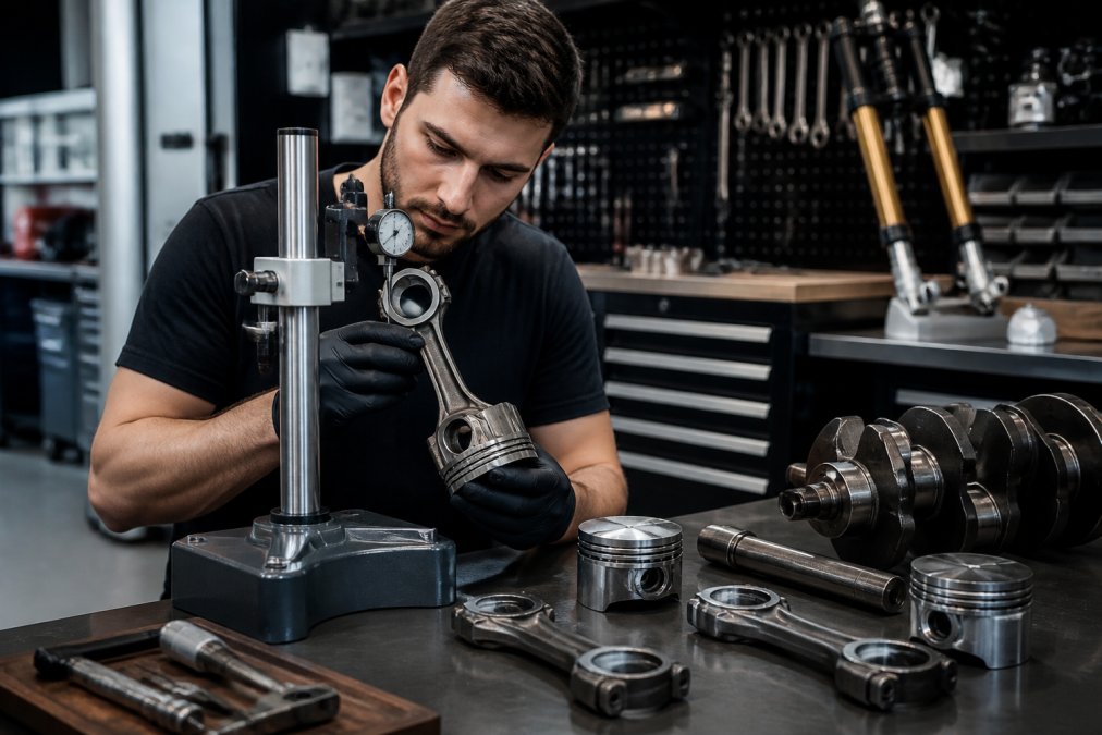 Motoringenieur die gesmede zuigers en drijfstangen inspecteert onder precisie-meetapparatuur in professionele werkplaats, met gespecialiseerde tuning-gereedschappen zichtbaar