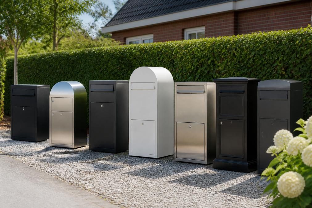 Verschillende stijlen luxe pakketbrievenbussen naast elkaar in een voortuin, van modern minimalistisch tot klassiek design, met verschillende materialen zoals roestvrijstaal en poedercoat zichtbaar in natuurlijk licht