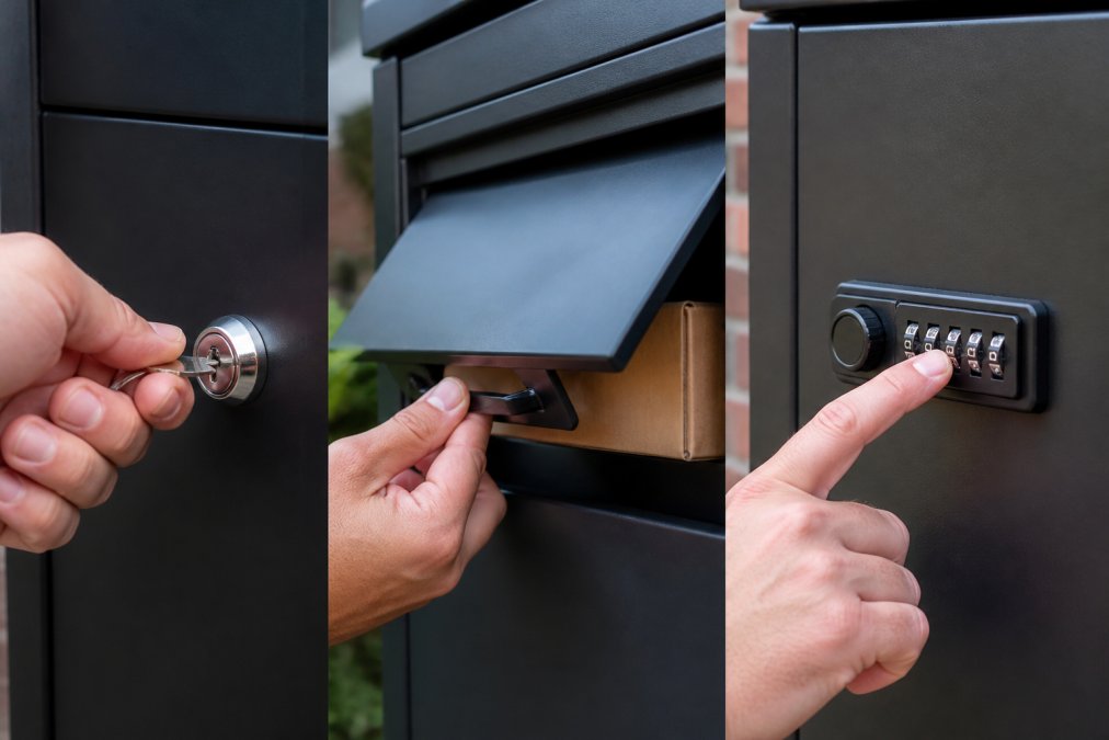 Close-up van verschillende vergrendelmechanismen en anti-diefstalsystemen: cilinderslot, valluik, digitaal toetsenbord, met handen die de veiligheidsfeatures demonstreren