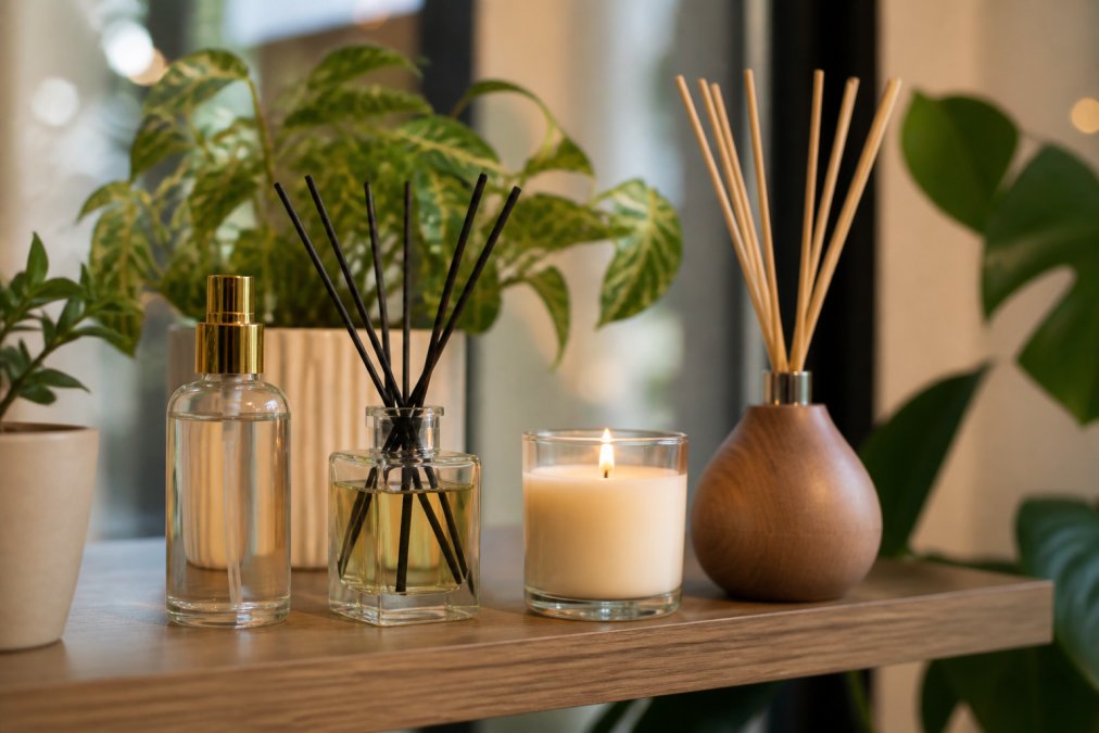 Close-up van diverse huisparfumproducten op een modern interieurplankje, roomspray, geurstokjes in glazen flacon, geurkaars met natuurlijke wax en houten diffuser met rieten stokjes, omgeven door potplanten en warm licht
