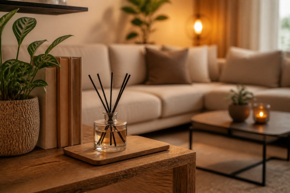 Warme, sfeervolle woonkamer met zachte verlichting, een elegante geurstokje in een helder glas op een houten plankje naast boeken en plantjes, neutrale tinten en moderne interieurinrichting
