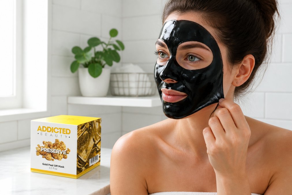 Close-up van een vrouw die een zwart peel-off masker op haar gezicht heeft aangebracht, gefotografeerd in een lichte, minimalistische badkamer met witte tegels op de achtergrond, zachte daglichtinval vanaf links