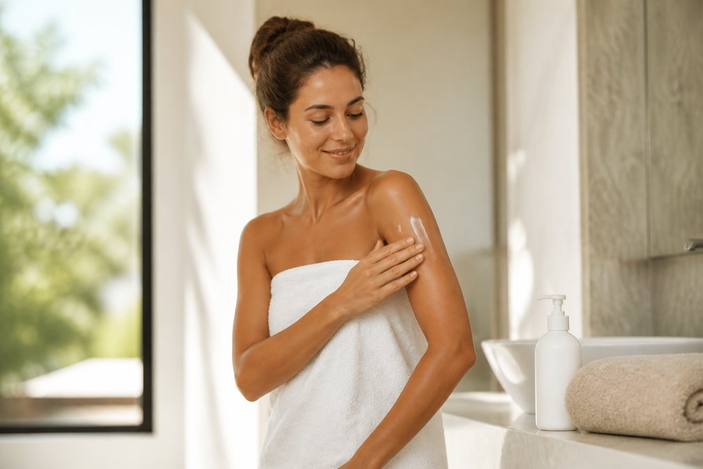 Eine Frau in einem hellen Badezimmer trägt nach dem Duschen eine After-Sun-Lotion auf ihren Arm auf. Auf der Ablage stehen eine Flasche Lotion und ein Handtuch. Warmes, natürliches Licht fällt durch ein Fenster.
