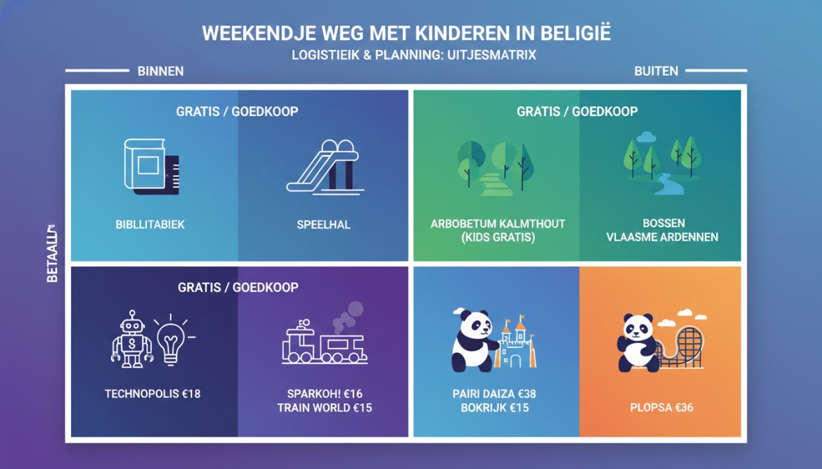 2x2 matrix met uitjes ingedeeld op assen Binnen vs. Buiten (horizontaal) en Gratis/Goedkoop vs. Betaald (verticaal): Binnen+Gratis: bibliotheek, speelhal; Binnen+Betaald: Technopolis €18, Sparkoh! €16, Train World €15; Buiten+Gratis: Arboretum Kalmthout (kinderen gratis), bossen Vlaamse Ardennen; Buiten+Betaald: Pairi Daiza €38, Bokrijk €15, Plopsa €36