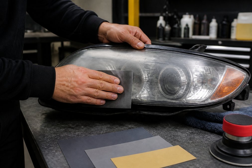 Handen die voorzichtig schuurpapier over een koplamppaneel bewegen in een werkplaats met professioneel gereedschap en materialen zichtbaar op de werkbank