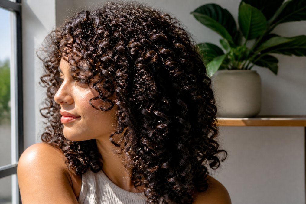 Close-up van glanzend krullend haar met zichtbare kruldefinitie en veerkracht, zacht en pluisvrij, na styling in natuurlijk daglicht