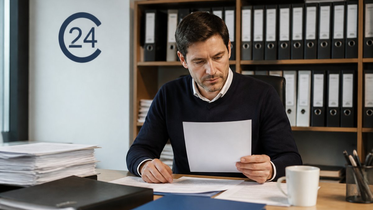Selbstständiger prüft am Schreibtisch Unterlagen zur Unternehmensstruktur
