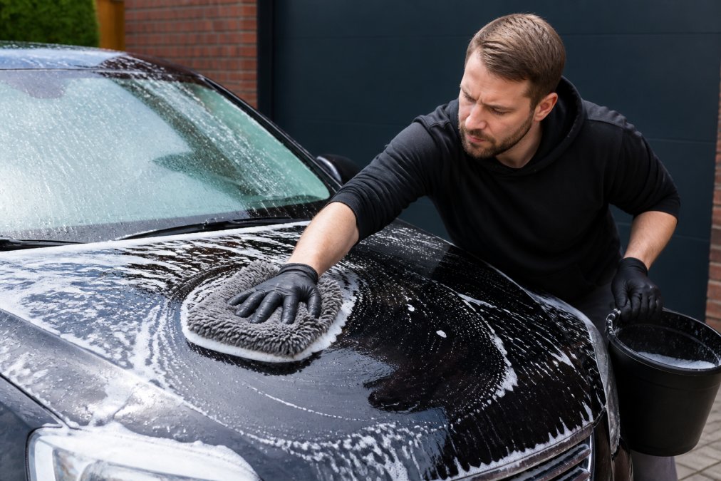 Professional demonstrating auto washing technique with soft wash pad and foam, showing proper scratch-free washing motion in natural daylight